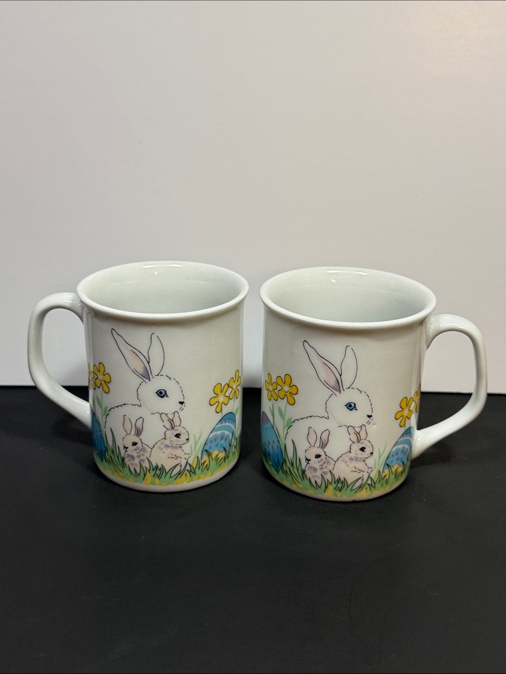 Vintage White Bunny Family Ceramic Mug - Spring Floral Design
